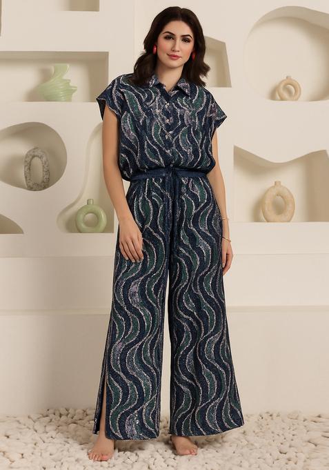 Deep Blue Sequin Embroidered Denim Co-Ord Set