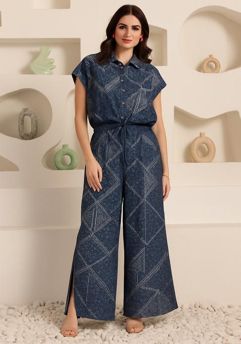 Dark Blue Sequin Embroidered Denim Co-Ord Set