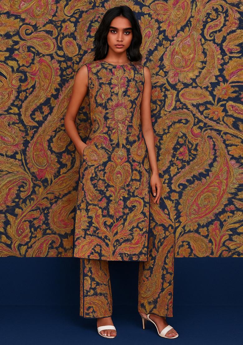 Navy Blue Brocade Kurta Set