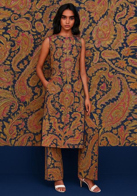 Navy Blue Brocade Kurta Set