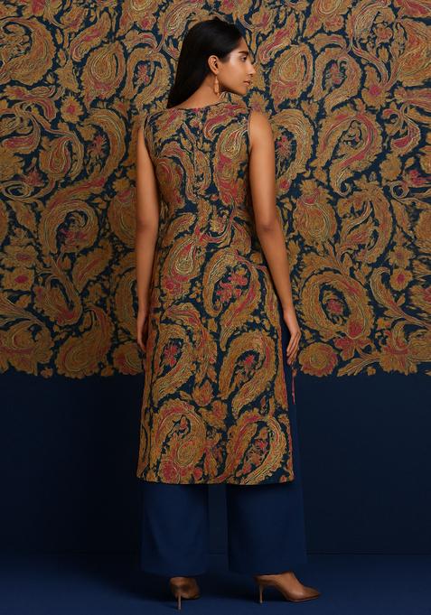 Navy Blue Brocade Kurta Set