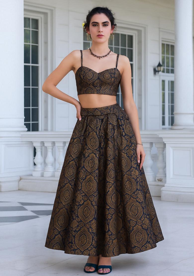 Dark Blue Brocade Skirt Set