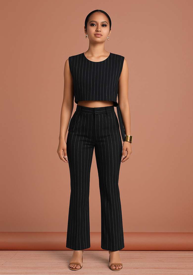 Black Striped Denim Co-Ord Set - Indya