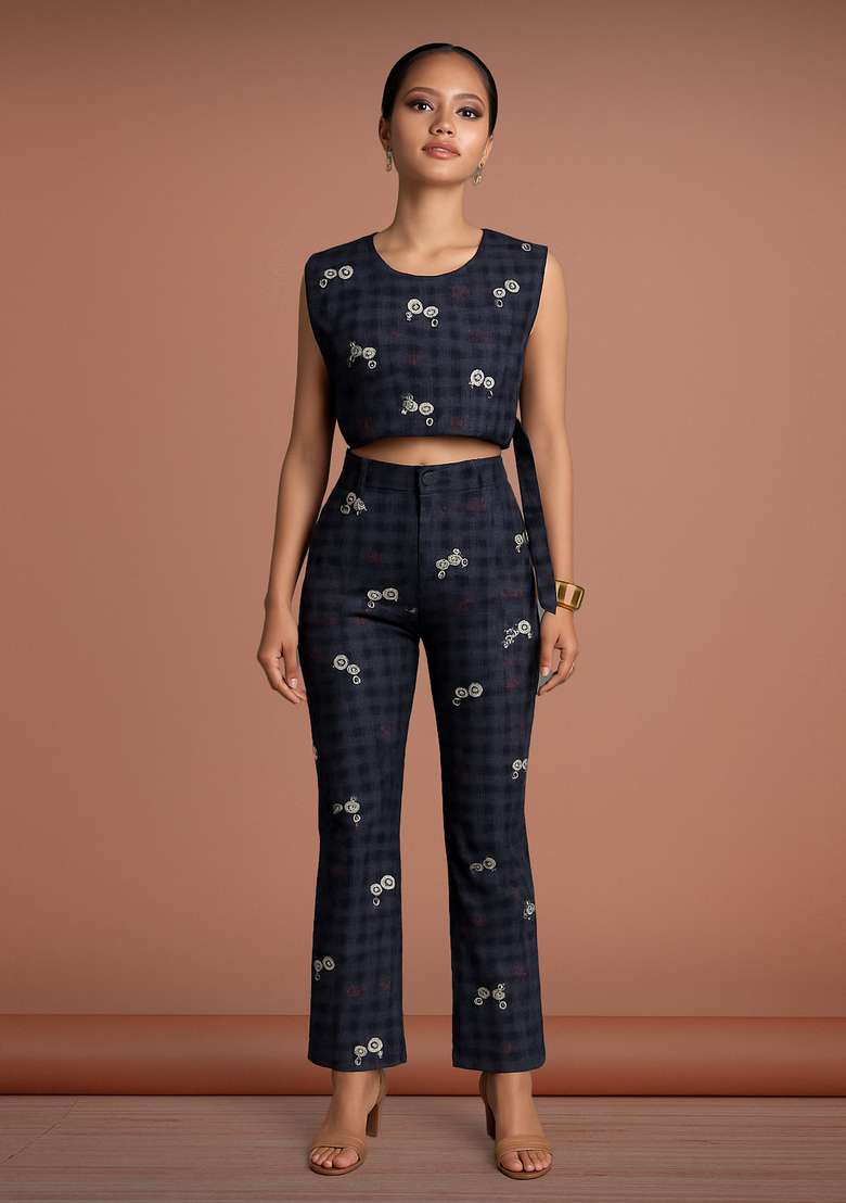 Dark Grey Jacquard Denim Cotton Co-Ord Set for Diwali | Wedding & Festive Wear - Indya