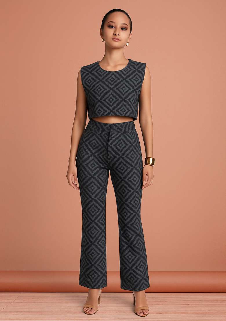 Dark Grey Jacquard Denim Cotton Co-Ord Set for Diwali | Wedding & Festive Wear - Indya