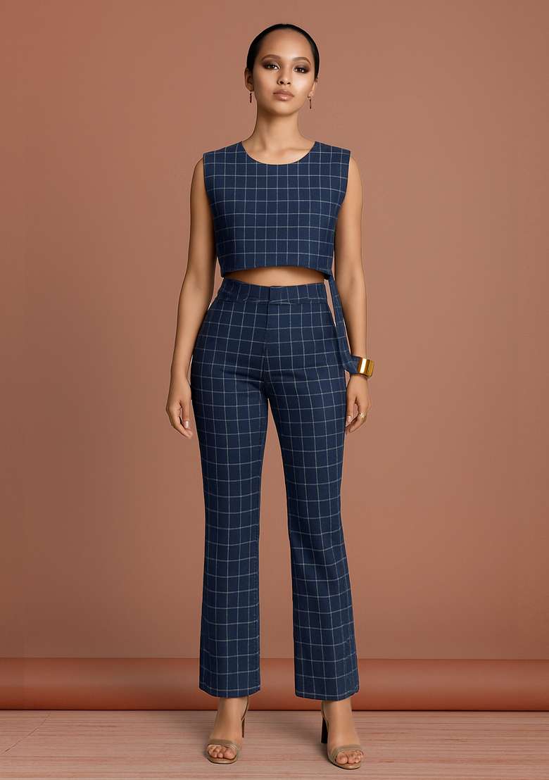 Blue Striped Cotton Denim Co-Ord Set for Diwali and Festive Wear - Indya