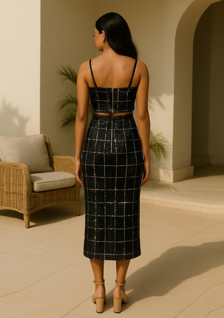 Black Sequin Denim Co-Ord Set - Indya