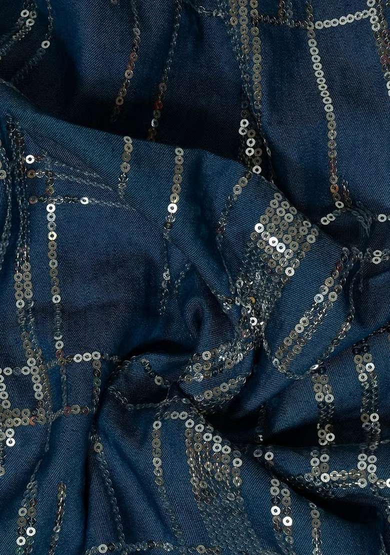 Blue Sequin Denim Jacket Cords - Indya