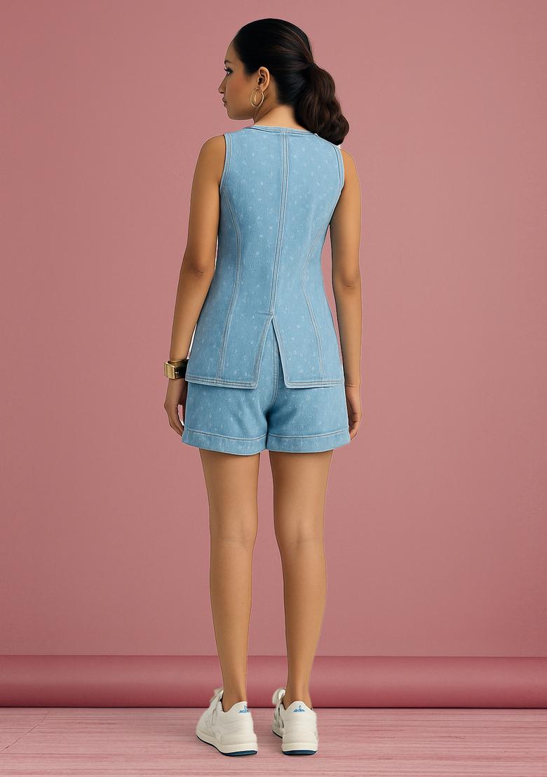 Sky Blue Cutwork Denim Jacket Cords - Indya