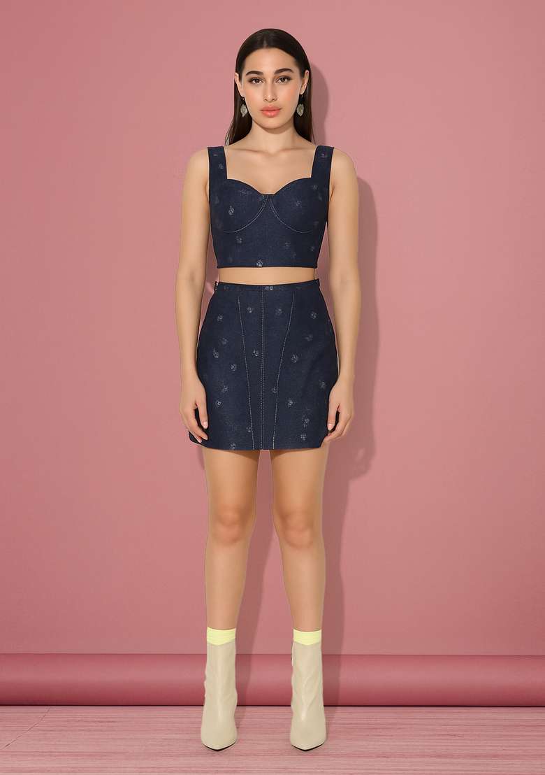 Blue Sequin Cotton Denim Co-Ord Set - Indya