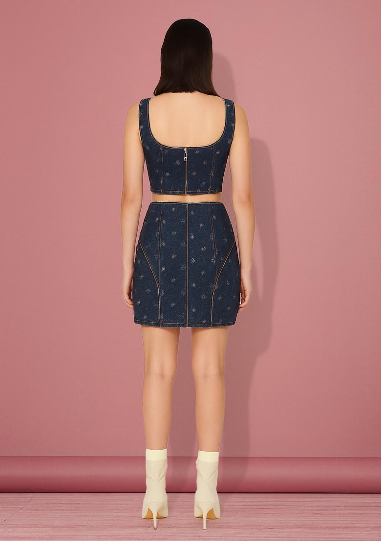 Blue Sequin Cotton Denim Co-Ord Set - Indya