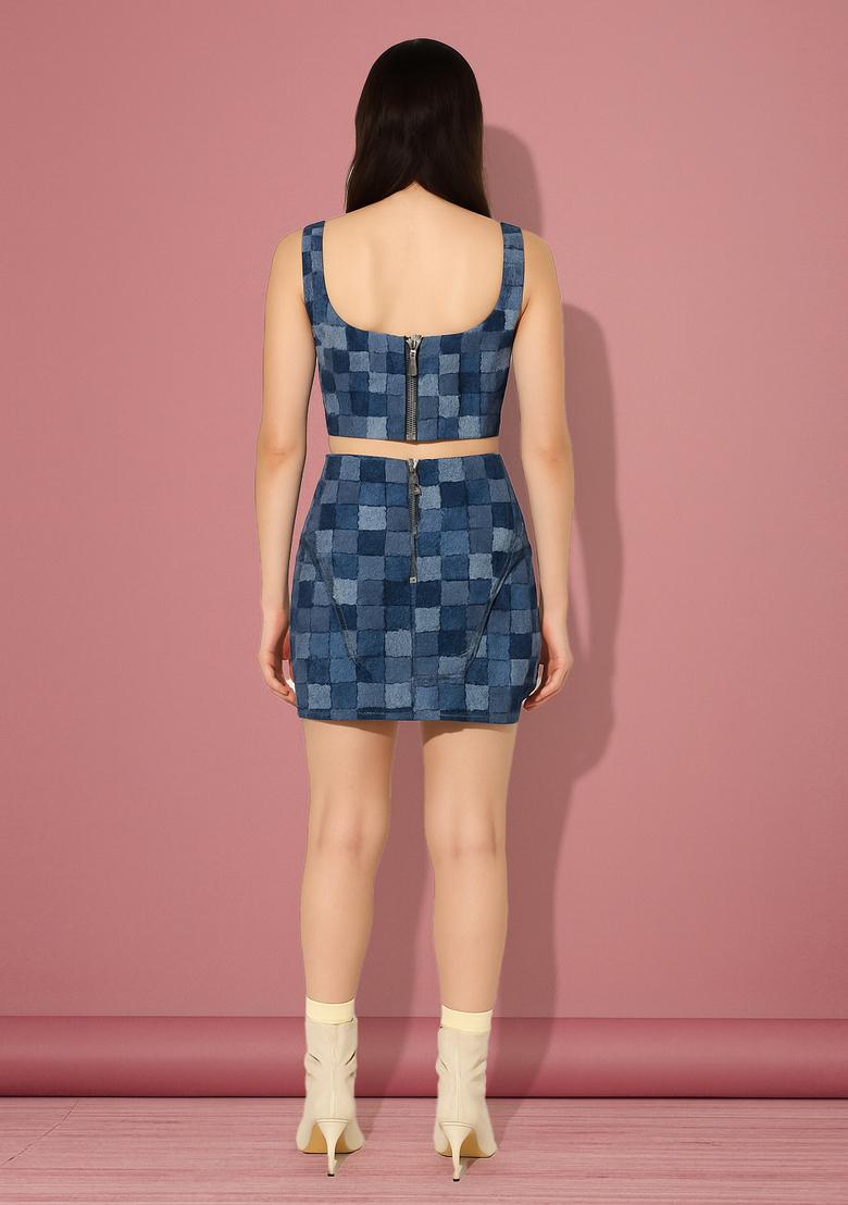 Blue Patchwork Cotton Denim Co-Ord Set - Indya