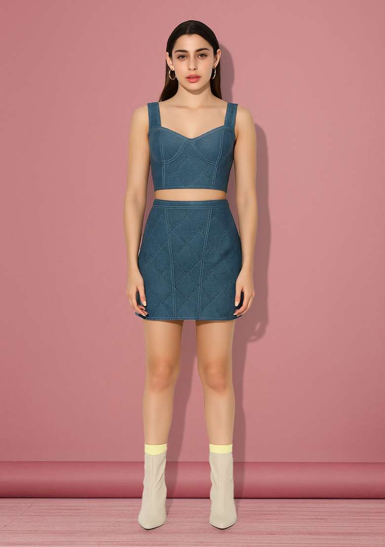 Sky Blue Dobby Denim Corset Blouse Co-Ord Set for Diwali and Festive Wear - Indya