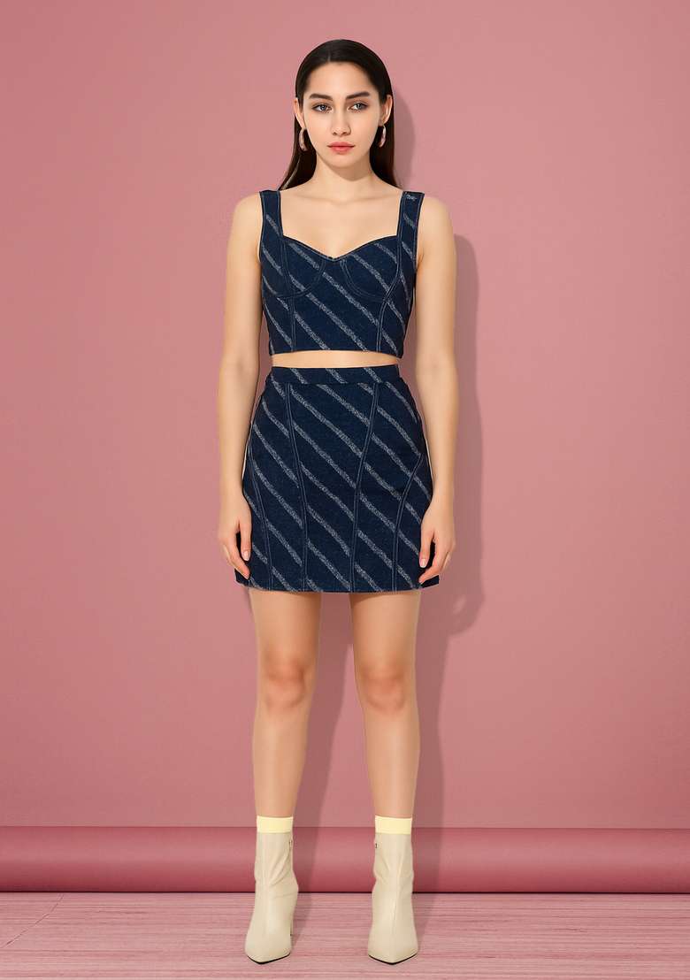 Blue Patchwork Cotton Denim Corset Blouse Co-Ord Set - Indya