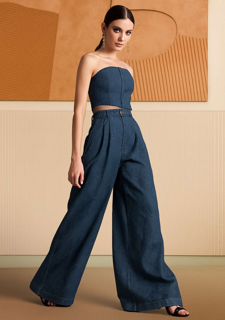 Sky Blue Dobby Denim Corset Blouse Co-Ord Set for Diwali and Festive Wear - Indya