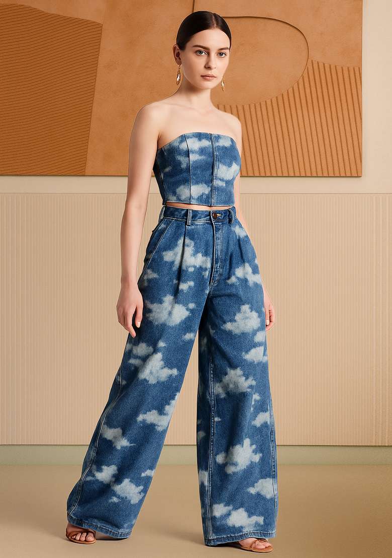 Blue Printed Denim Corset Blouse Co-Ord Set - Indya
