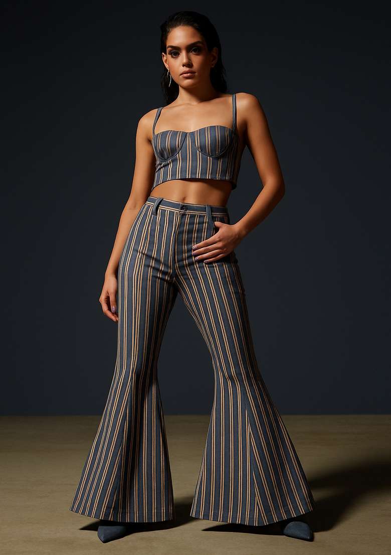 Dark Grey Printed Cotton Denim Corset Blouse Co-Ord Set - Indya