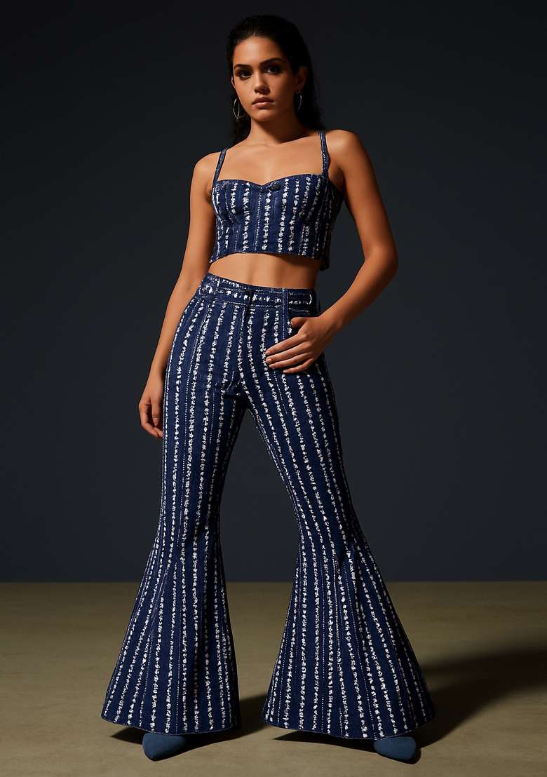 Dark Blue Denim Cotton Co-Ord Set with Printed & Corset Blouse for Diwali | Wedding & Festive Wear - Indya