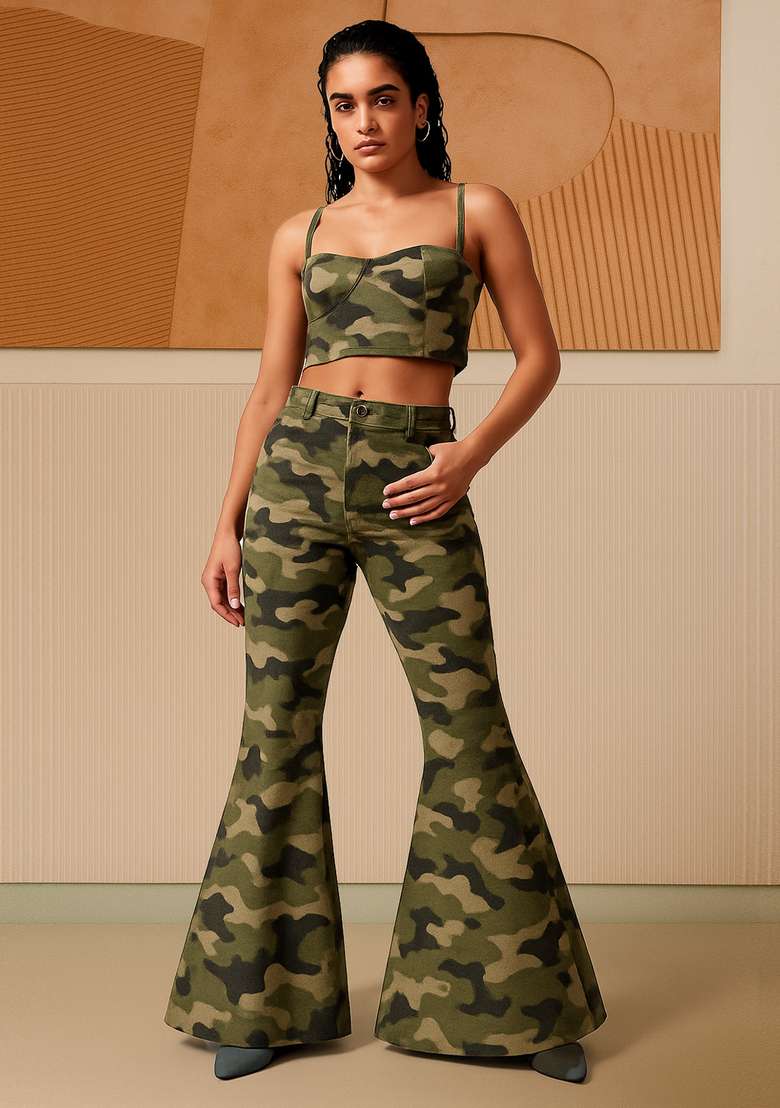 Green Printed Cotton Denim Corset Blouse Co-Ord Set - Indya