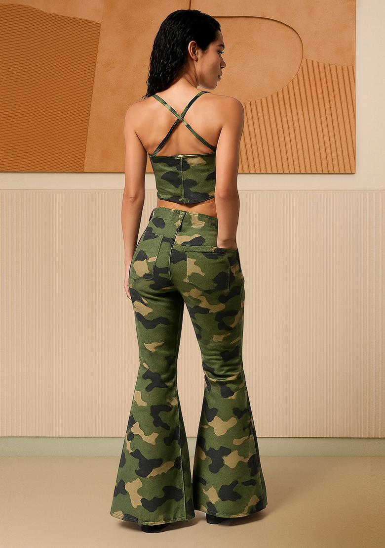 Green Printed Cotton Denim Co-Ord Set - Indya