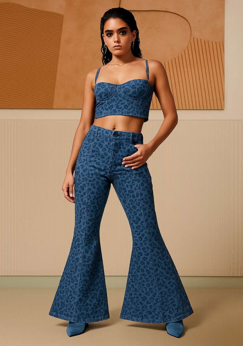 Blue Printed Cotton Denim Corset Blouse Co-Ord Set - Indya