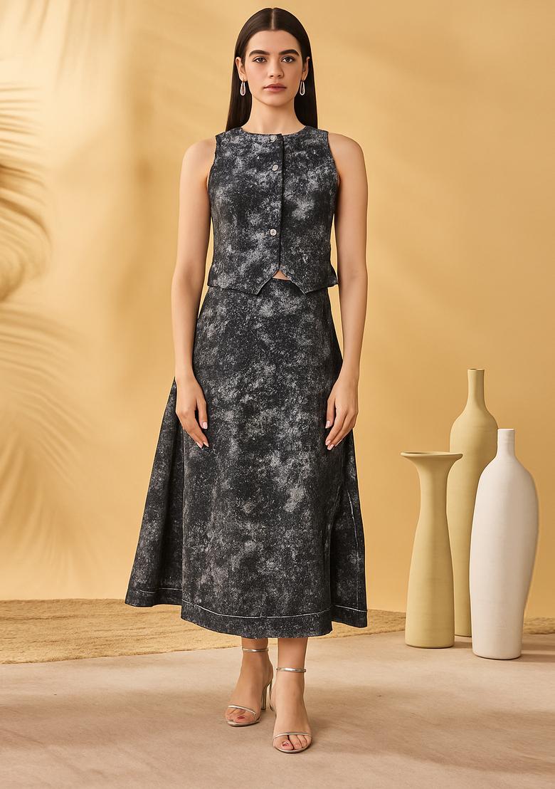 Black Sequin Cotton Denim Co-Ord Set - Indya