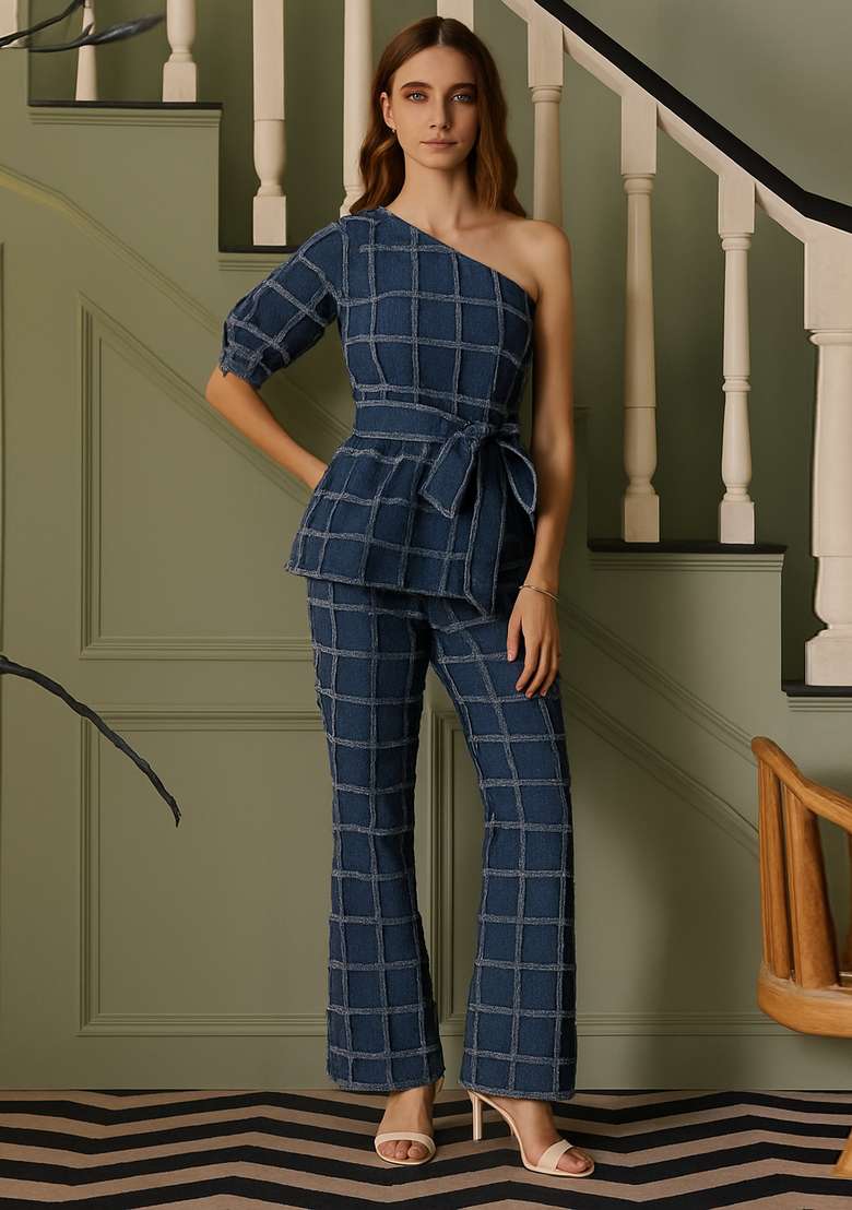 Dark Blue Patchwork Cotton Denim Co-Ord Set - Indya