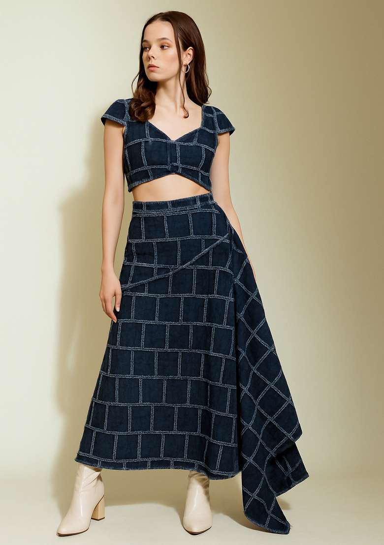 Dark Blue Patchwork Cotton Denim Co-Ord Set - Indya