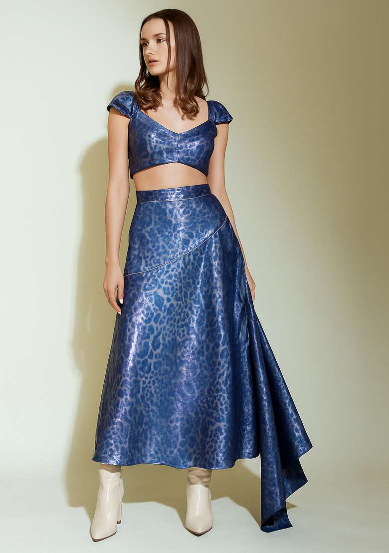 Blue Printed Denim Co-Ord Set for Diwali and Festive Wear - Indya
