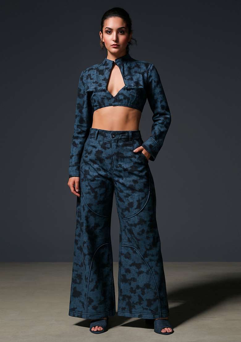 Dark Blue Jacquard Denim Co-Ord Set - Indya