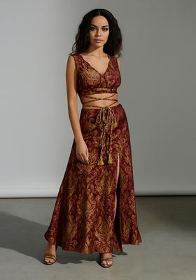 Brown Embroidered Brocade High Slit Skirt Set