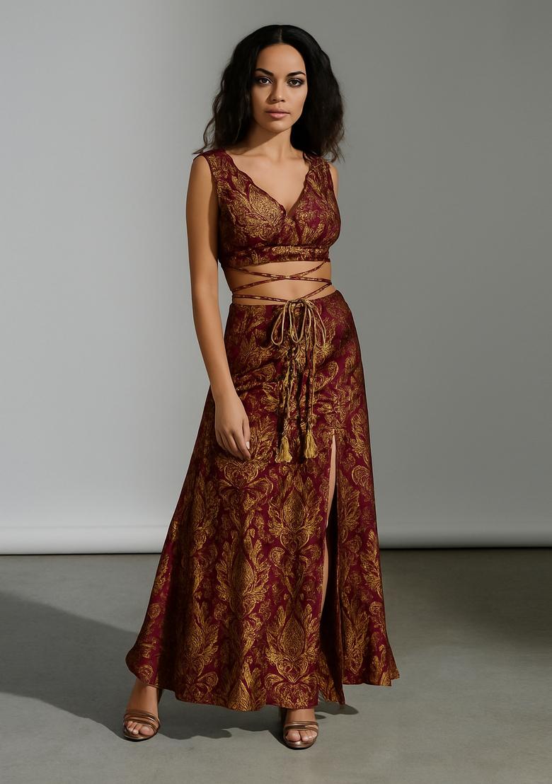 Brown Embroidered Brocade High Slit Skirt Set