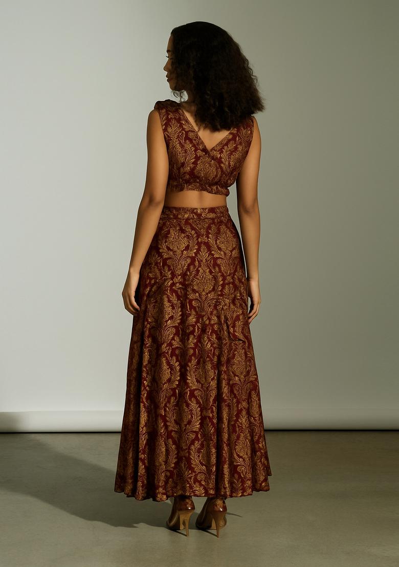 Brown Embroidered Brocade High Slit Skirt Set