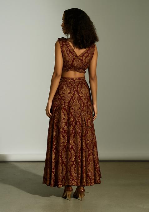 Brown Embroidered Brocade High Slit Skirt Set