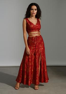 Red Embroidered Brocade High Slit Skirt Set