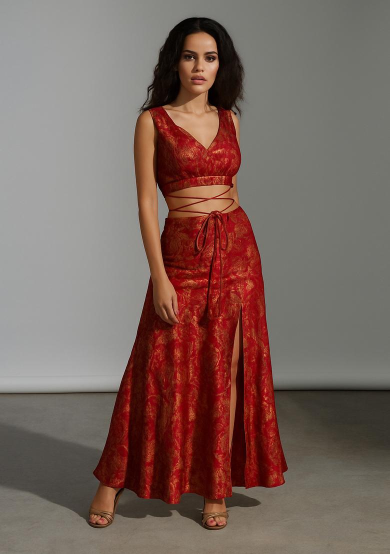 Red Embroidered Brocade High Slit Skirt Set