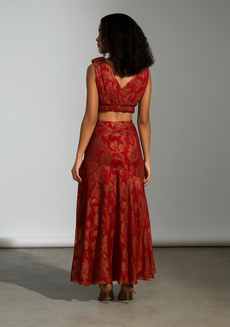 Red Embroidered Brocade High Slit Skirt Set