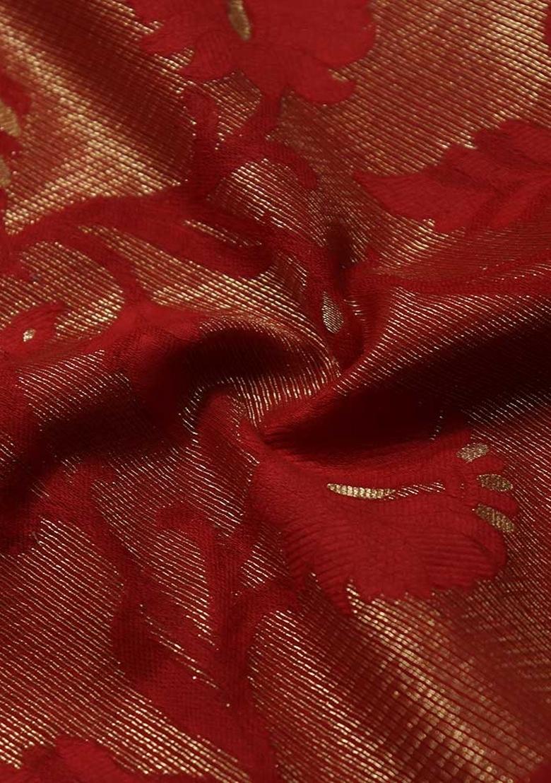 Red Embroidered Brocade High Slit Skirt Set