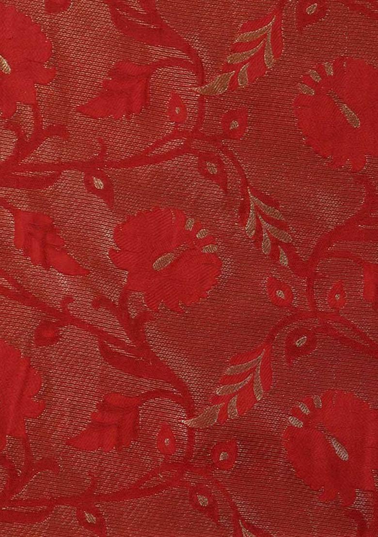 Red Embroidered Brocade High Slit Skirt Set