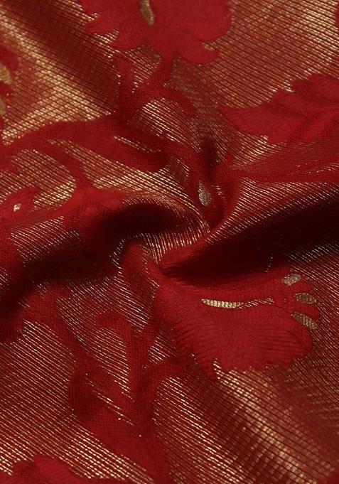 Red Embroidered Brocade High Slit Skirt Set