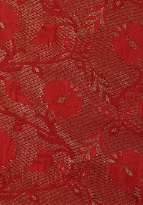 Red Embroidered Brocade High Slit Skirt Set