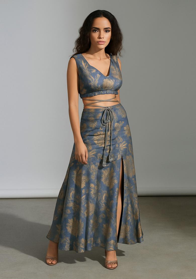 Blue Embroidered Brocade High Slit Skirt Set