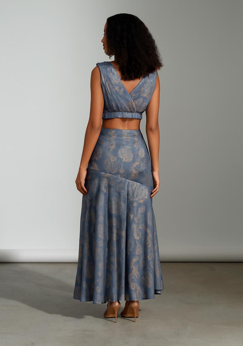 Blue Embroidered Brocade High Slit Skirt Set
