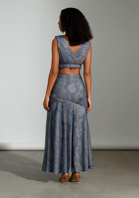 Blue Embroidered Brocade High Slit Skirt Set