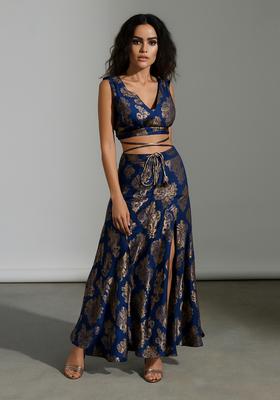 Navy Blue Embroidered Brocade High Slit Skirt Set