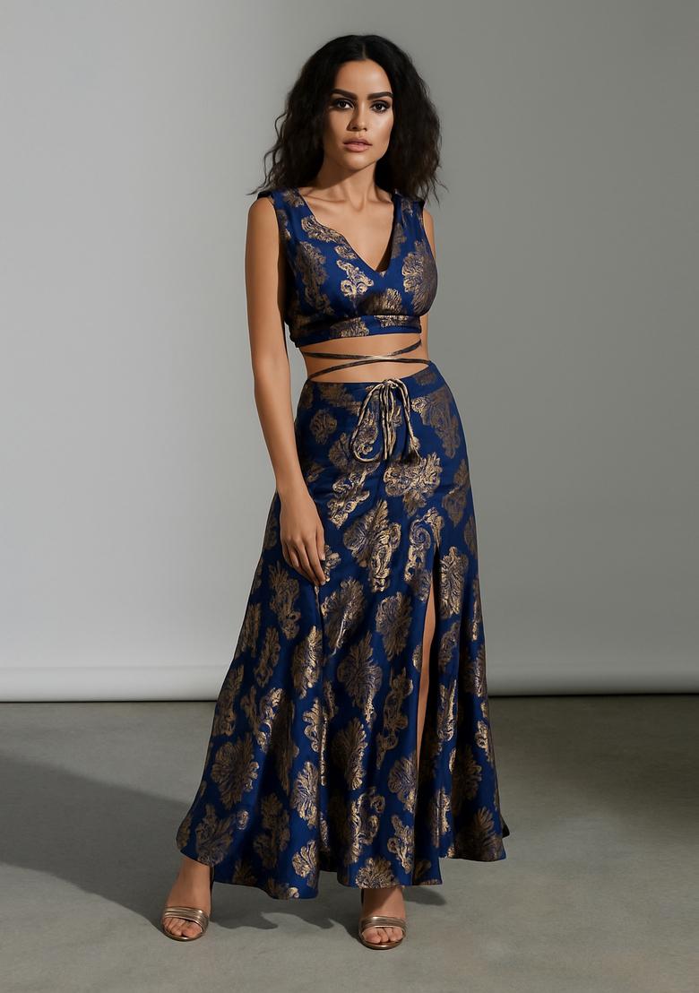 Navy Blue Embroidered Brocade High Slit Skirt Set
