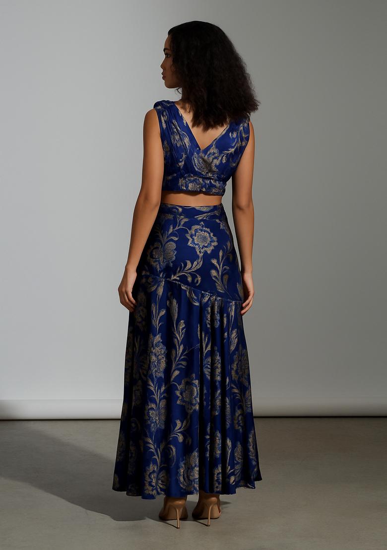 Navy Blue Embroidered Brocade High Slit Skirt Set