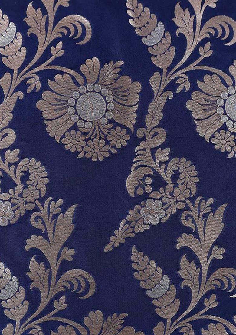 Navy Blue Embroidered Brocade High Slit Skirt Set