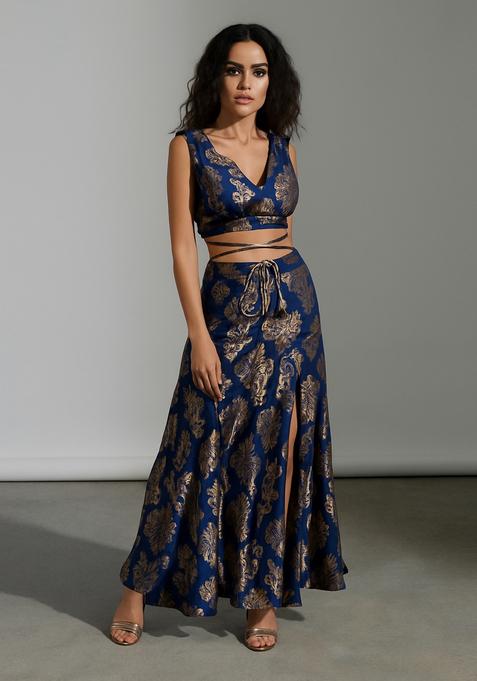 Navy Blue Embroidered Brocade High Slit Skirt Set