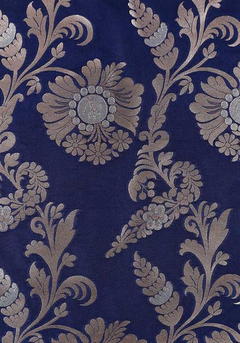 Navy Blue Embroidered Brocade High Slit Skirt Set